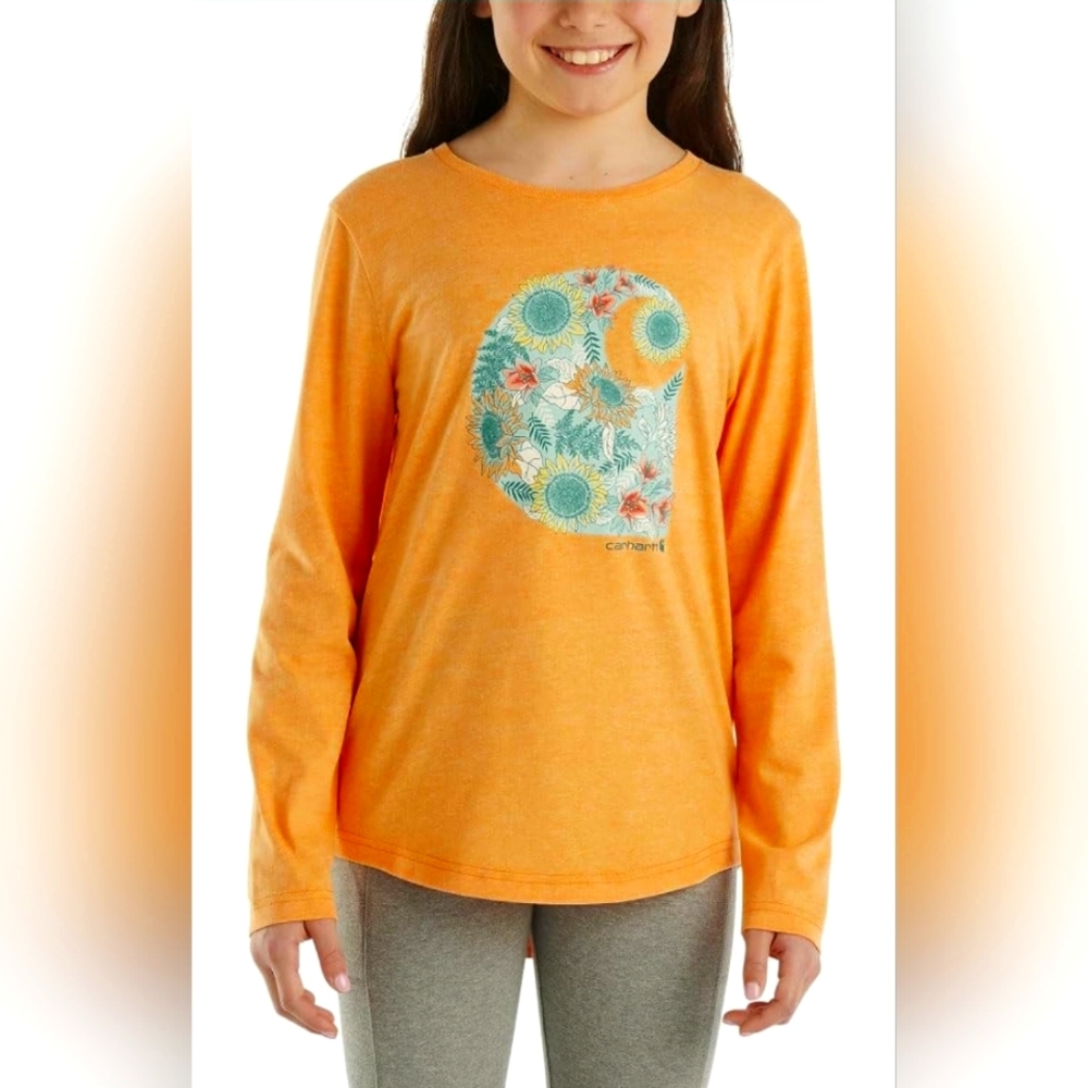 Carhartt Girls Long-Sleeve Floral C T-Shirt Size XL Orange Heather